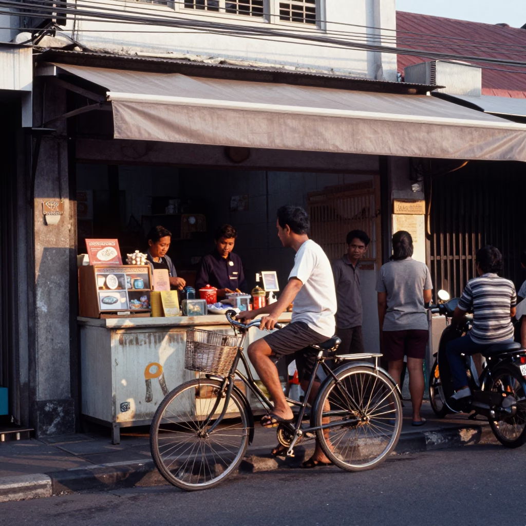 Busy Denpasar Indonesia Morning Street Scene with Bicycle and Bakery Stall in in Denpasar, Indonesia