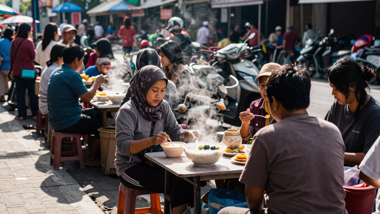 Busy Denpasar Indonesia street corner midday scene with local vendors and traditional architecture in in Denpasar, Indonesia