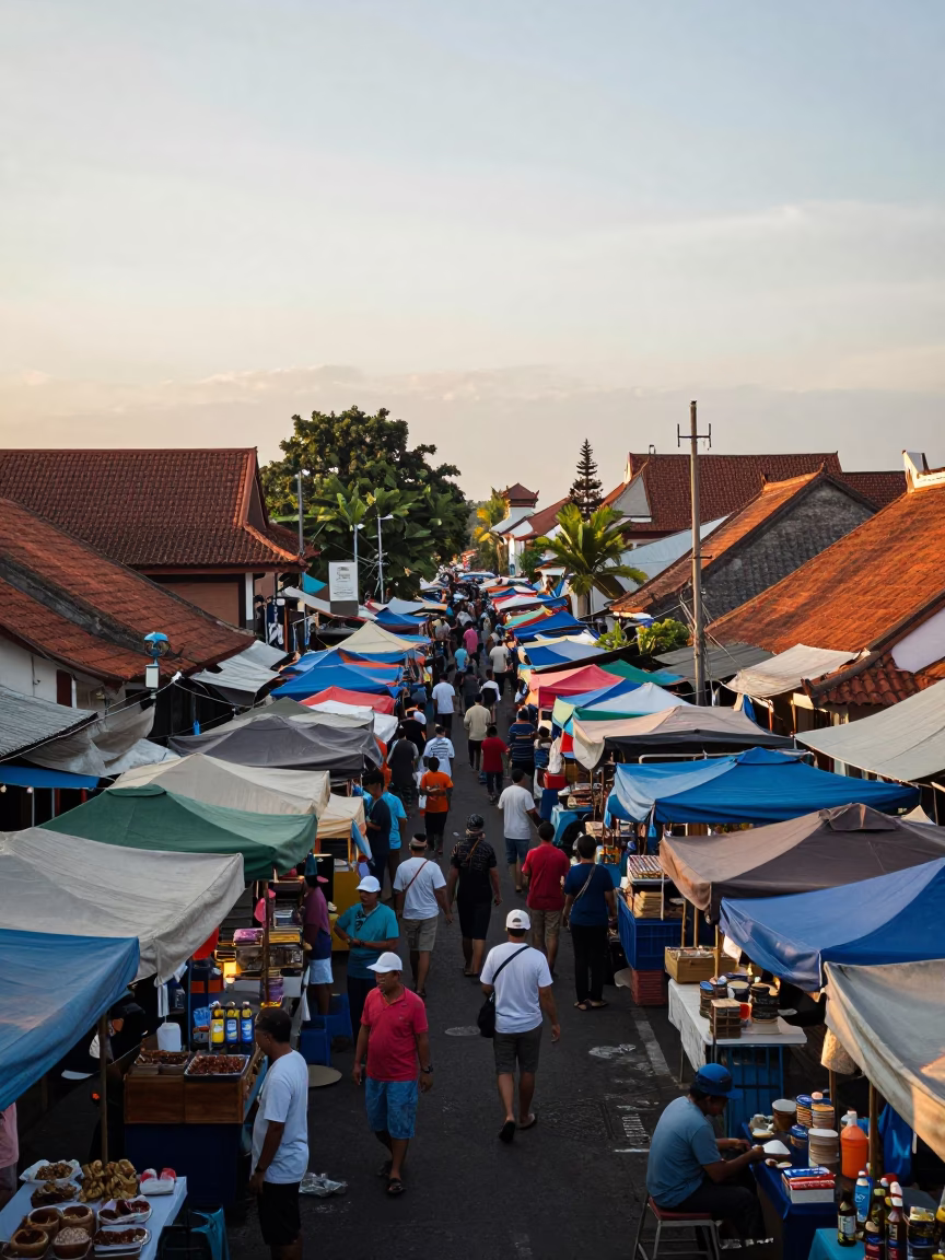 Busy Denpasar Indonesia Street Market at First Light with Local Vendors and Traditional Architecture in in Denpasar, Indonesia
