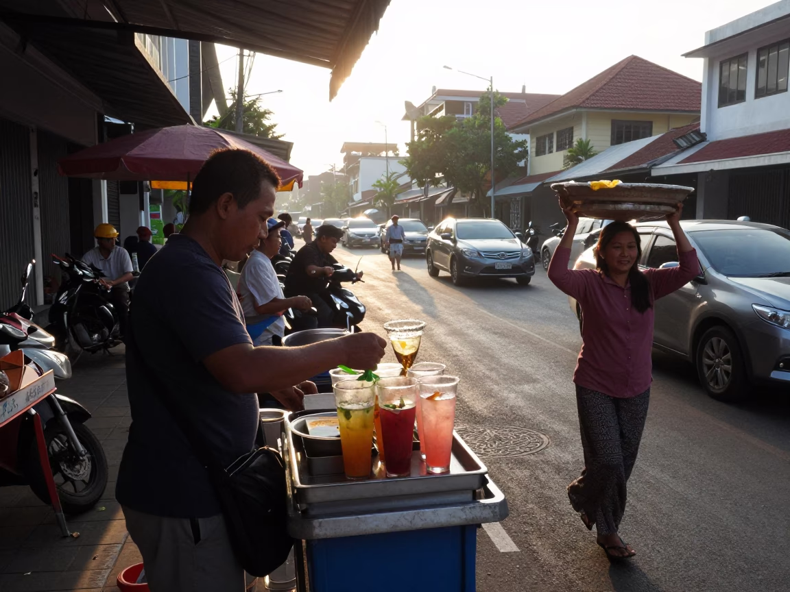 Busy Denpasar Indonesia Street Morning with Clear Glass Rim and Cooler Jug in in Denpasar, Indonesia