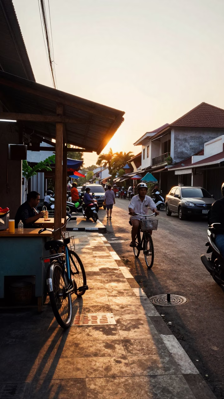 Busy Denpasar Indonesia Street Scene at Golden Hour with Bicycle and Incense in in Denpasar, Indonesia