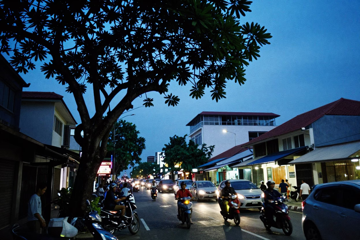 Busy Denpasar Indonesia Street Scene at Indigo Twilight with Fig Tree and Local Activity in in Denpasar, Indonesia