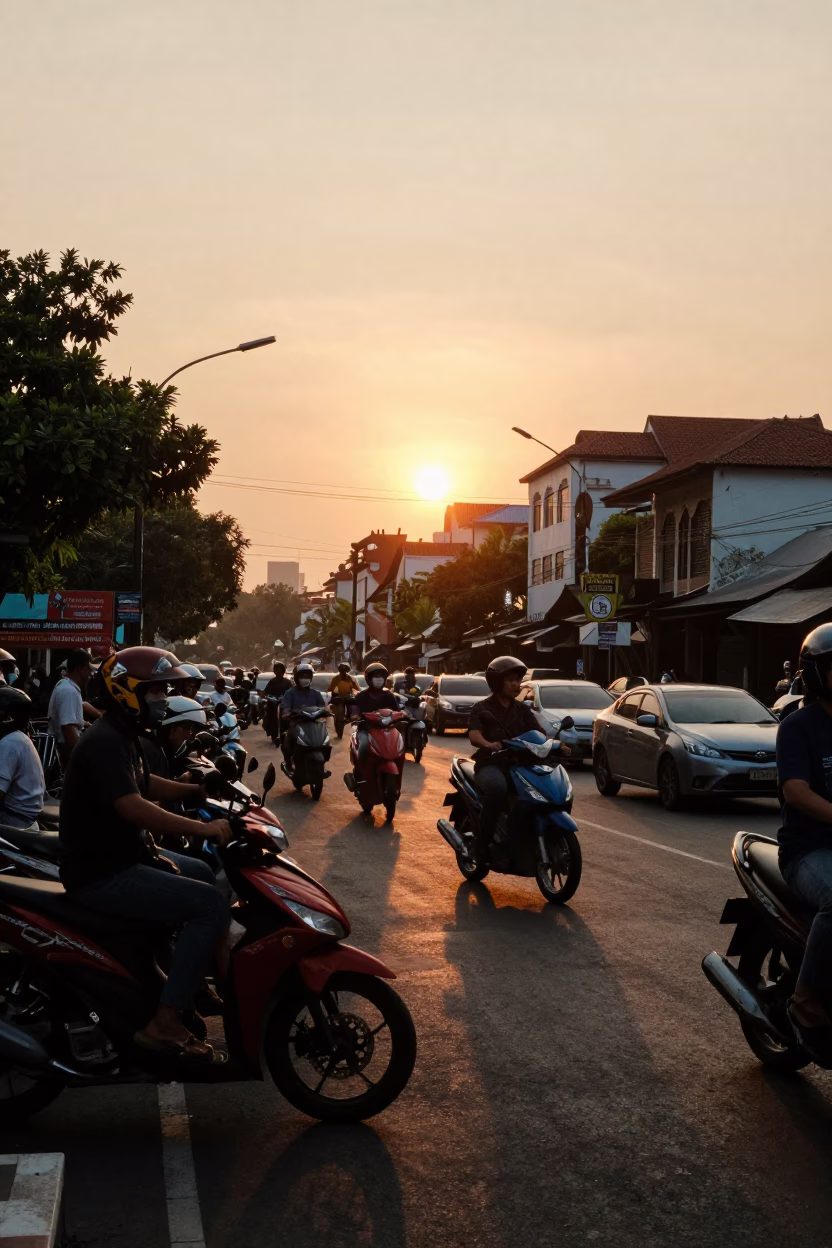 Busy Denpasar Indonesia street scene at sunset with motorbikes and local vendors in in Denpasar, Indonesia