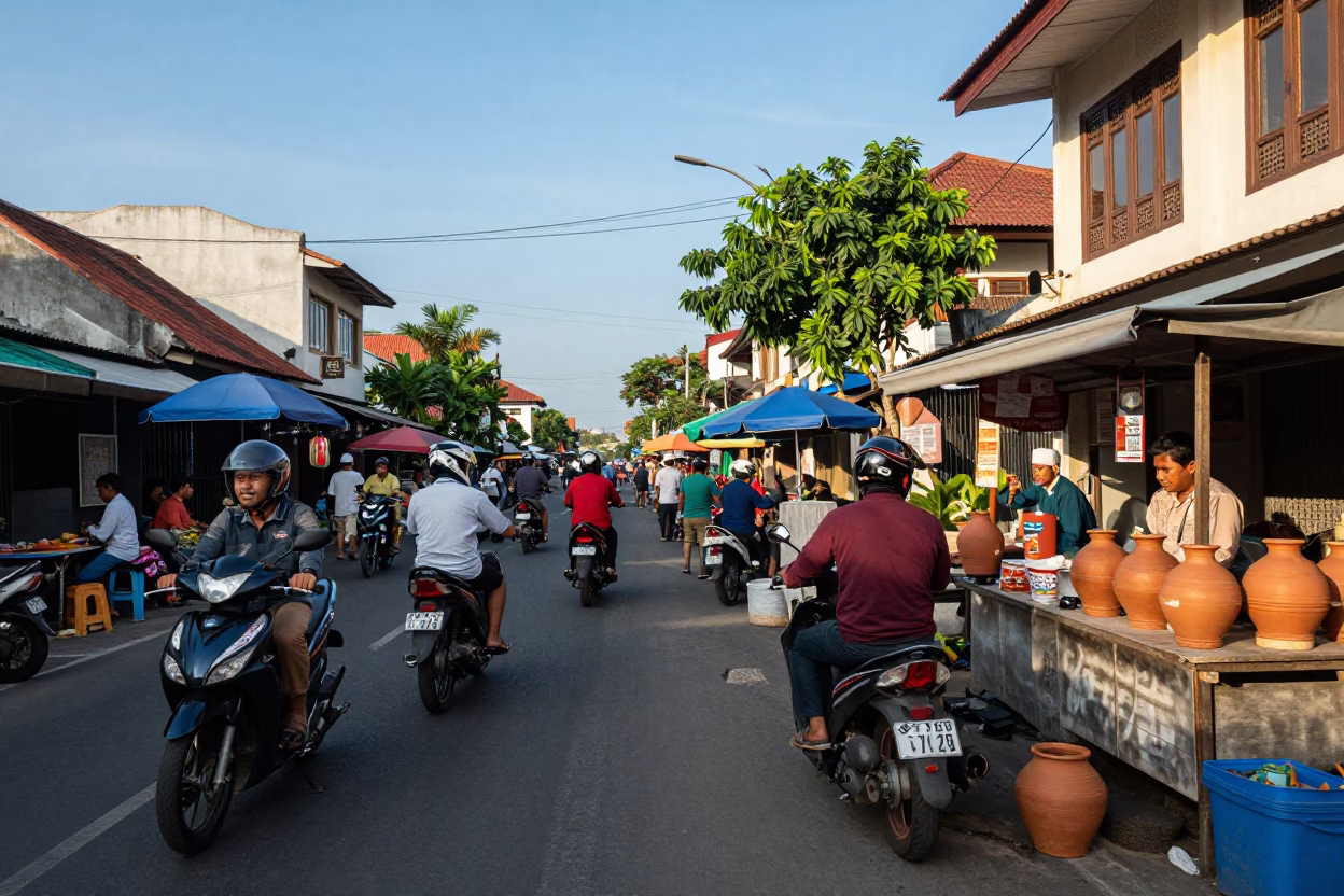 Busy Denpasar Indonesia Street Scene Late Afternoon Light with Local Life in in Denpasar, Indonesia