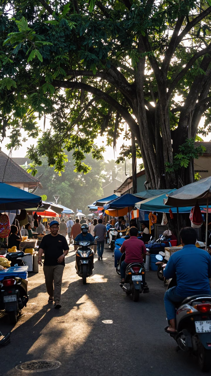 Busy Denpasar Indonesia Street Scene Late Morning with Traditional Market Activity and Local Commerce in in Denpasar, Indonesia