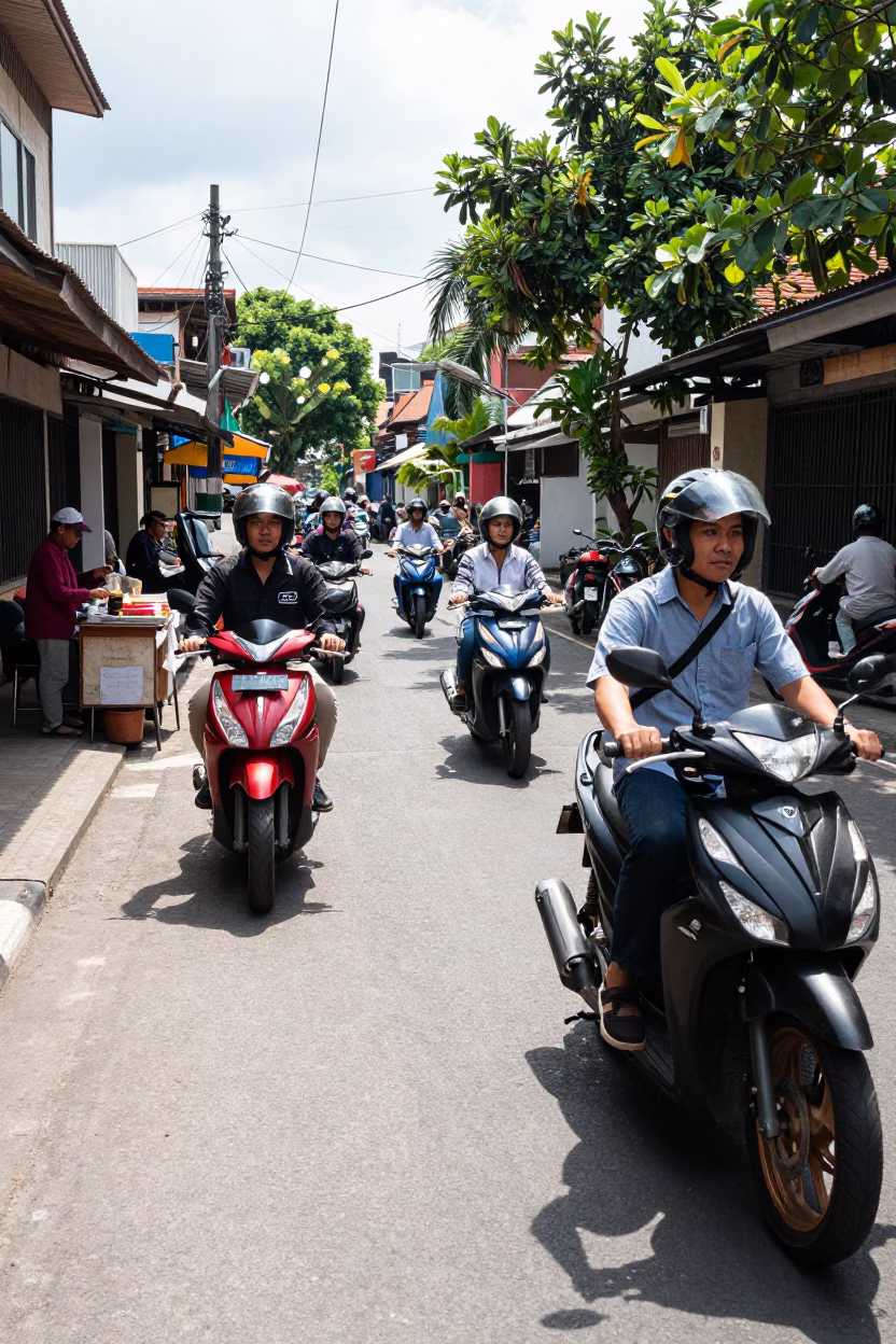 Busy Denpasar Indonesia Street Scene Midday with Motorcycles and Local Market Activity in in Denpasar, Indonesia