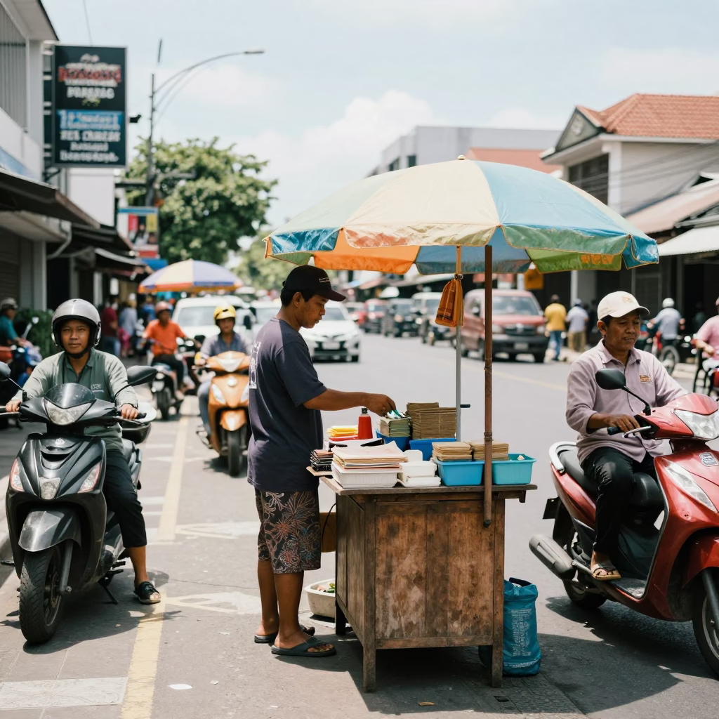 Busy Denpasar Indonesia Street Scene Under Flat Noon Glare with Local Commerce in in Denpasar, Indonesia