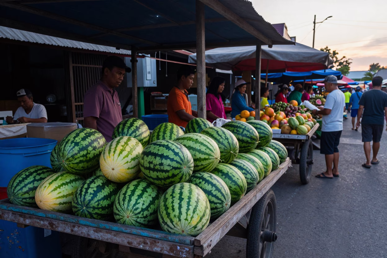 Busy Denpasar Market Stall Before Sunrise with Fresh Melons and Local Vendors in in Denpasar, Indonesia