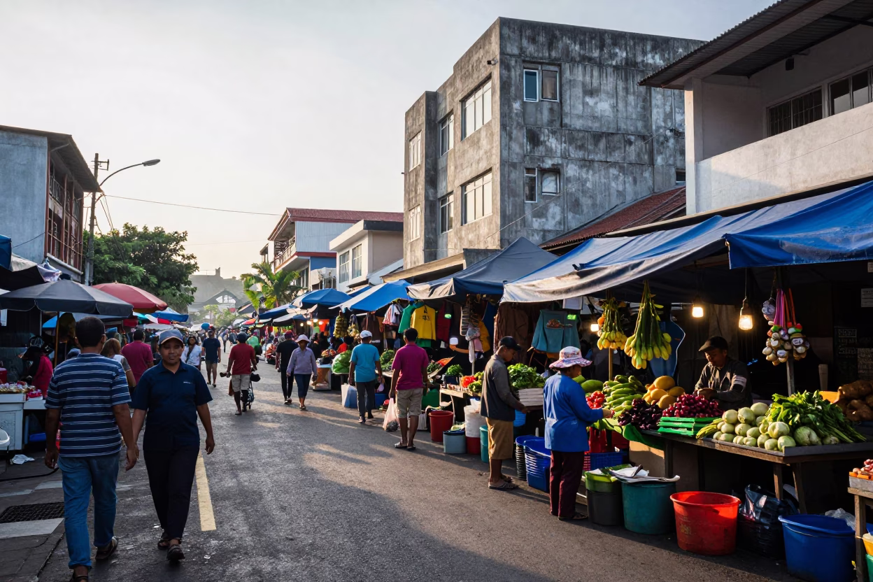 Busy Denpasar Morning Street Scene with Concrete Building and Tea Tin in First Light in in Denpasar, Indonesia