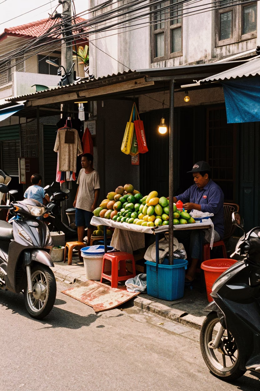Busy Denpasar Street Corner Afternoon with Local Commerce and Daily Life in in Denpasar, Indonesia