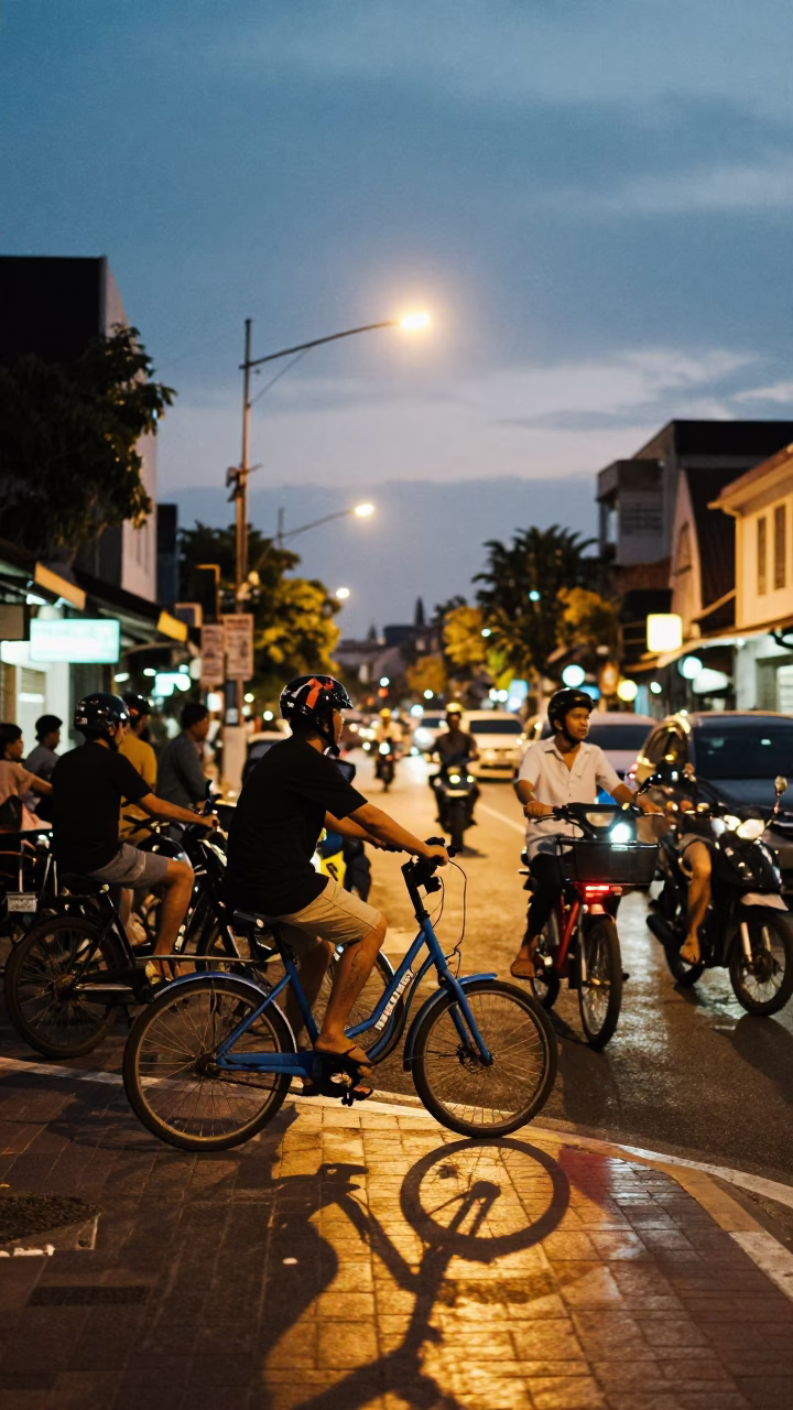 Busy Denpasar Street Corner at Dusk with Electric Bicycles and Local Shopfronts in in Denpasar, Indonesia