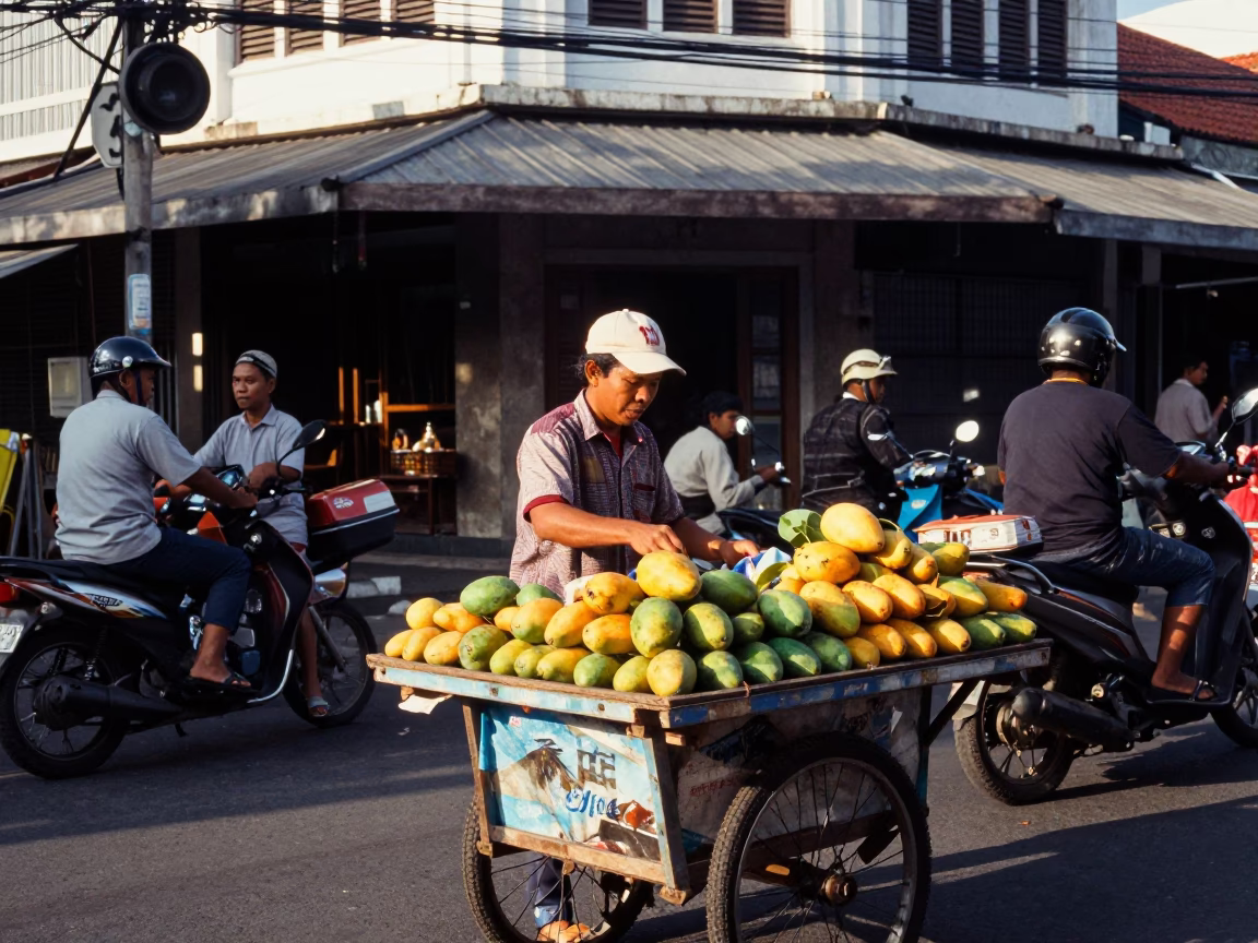 Busy Denpasar Street Corner in Early Afternoon Sunlight with Local Vendor and Passersby in in Denpasar, Indonesia