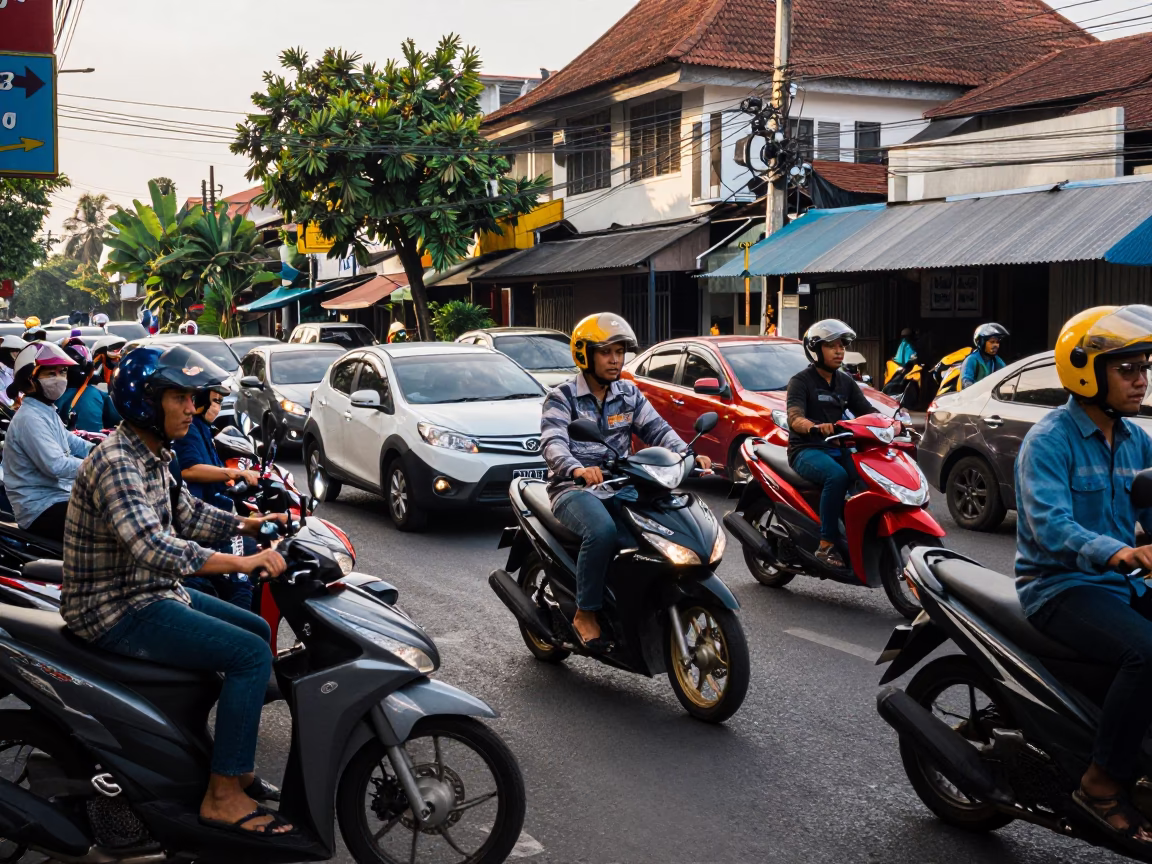 Busy Denpasar Street Corner Late Morning Traffic and Local Life in in Denpasar, Indonesia