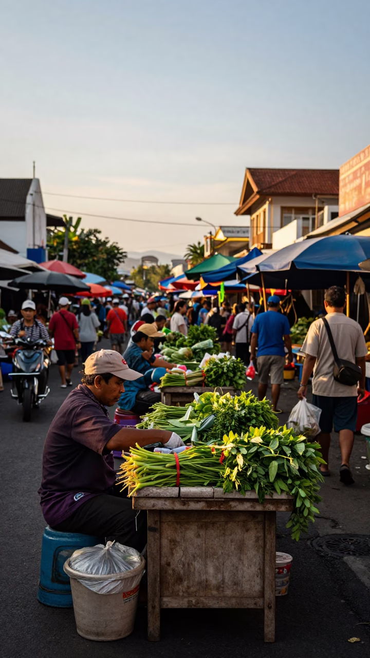 Busy Denpasar Street Market at Golden Hour with Local Vendor and Green Herb Bundle in in Denpasar, Indonesia