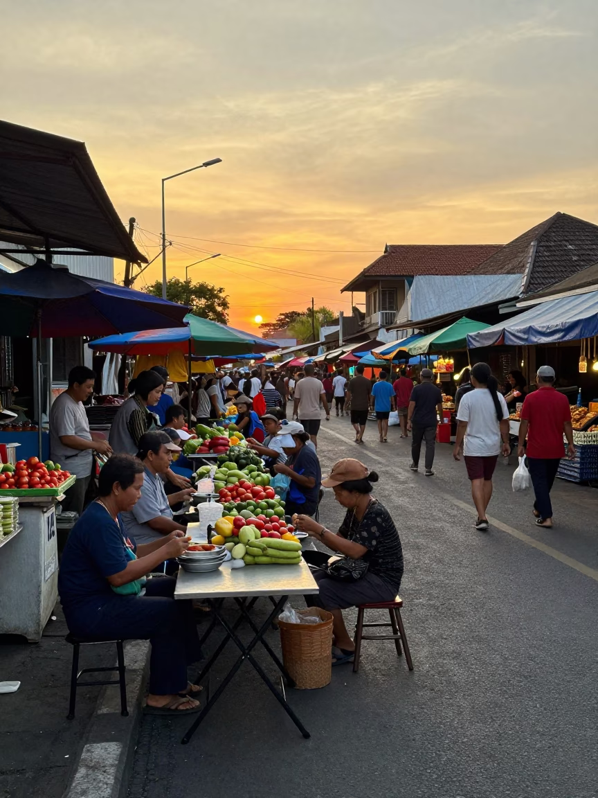 Busy Denpasar Street Market at Sunset with Folding Tables and Fruit Bowl in in Denpasar, Indonesia
