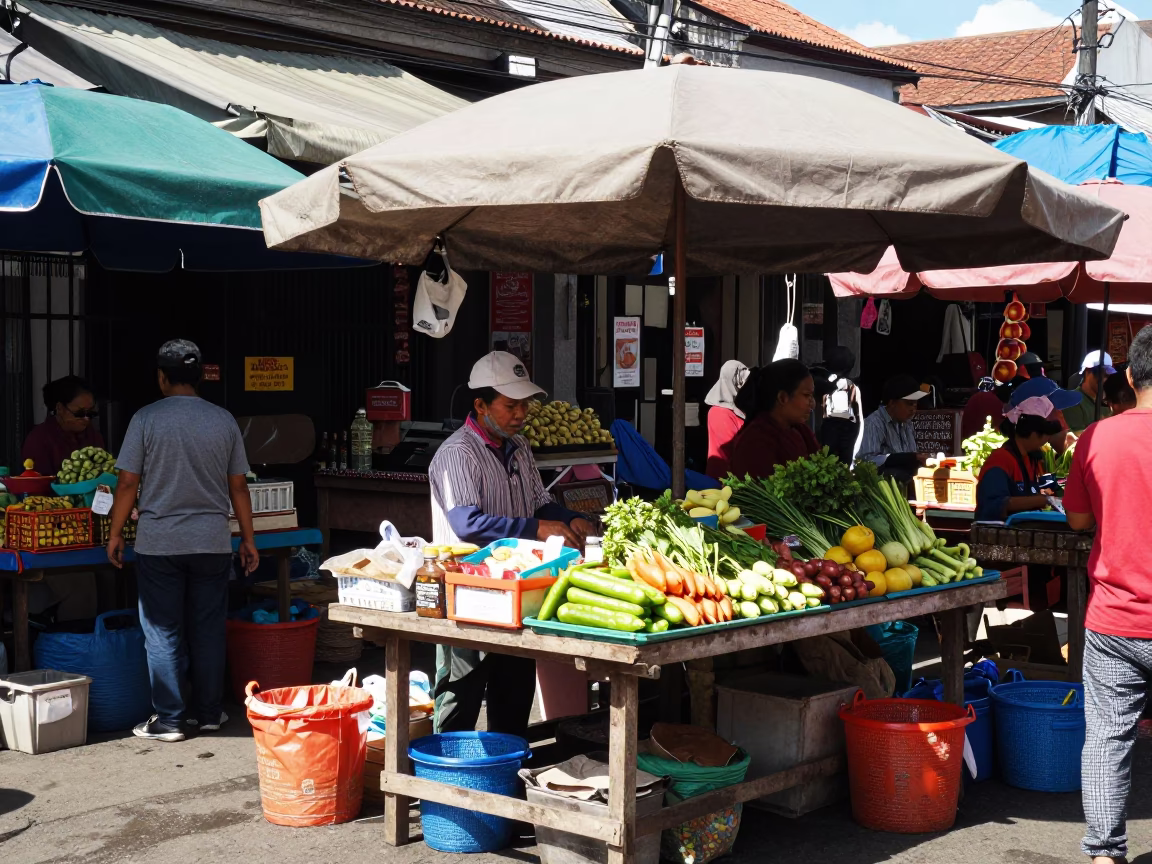 Busy Denpasar Street Market Midday Scene with Shopkeeper and Travelers in in Denpasar, Indonesia