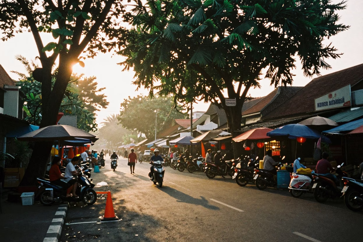 Busy Denpasar Street Morning Dawn Light and Local Market Activity in in Denpasar, Indonesia