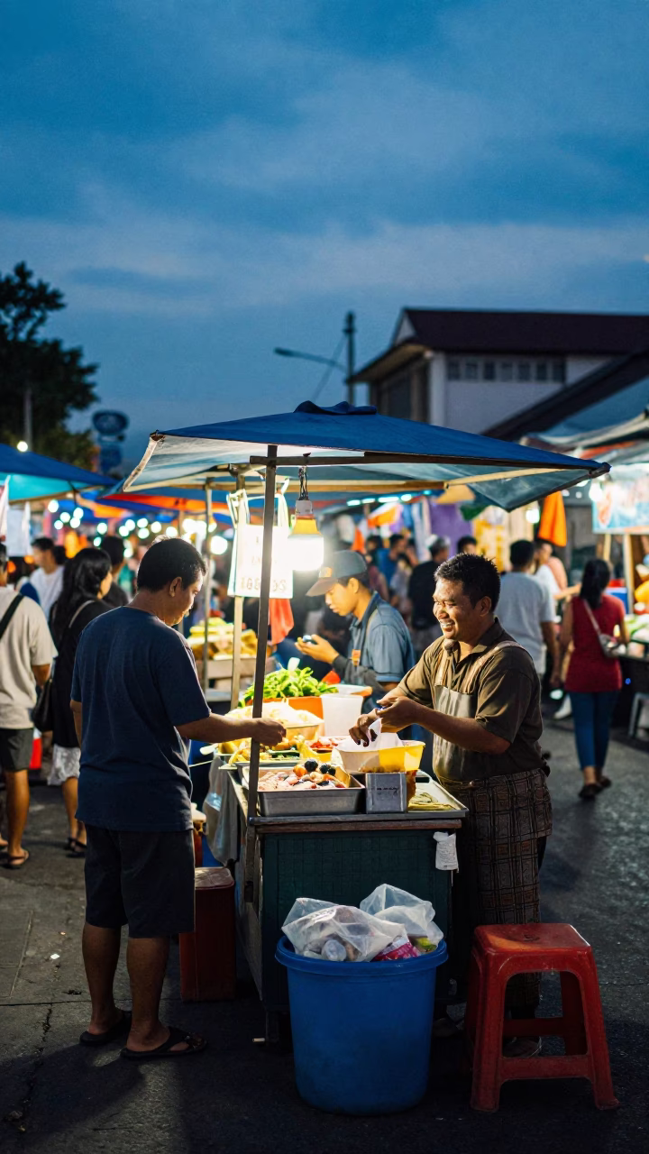 Busy Denpasar Street Scene at Blue Hour with Local Food Vendor and Spice Jars in in Denpasar, Indonesia