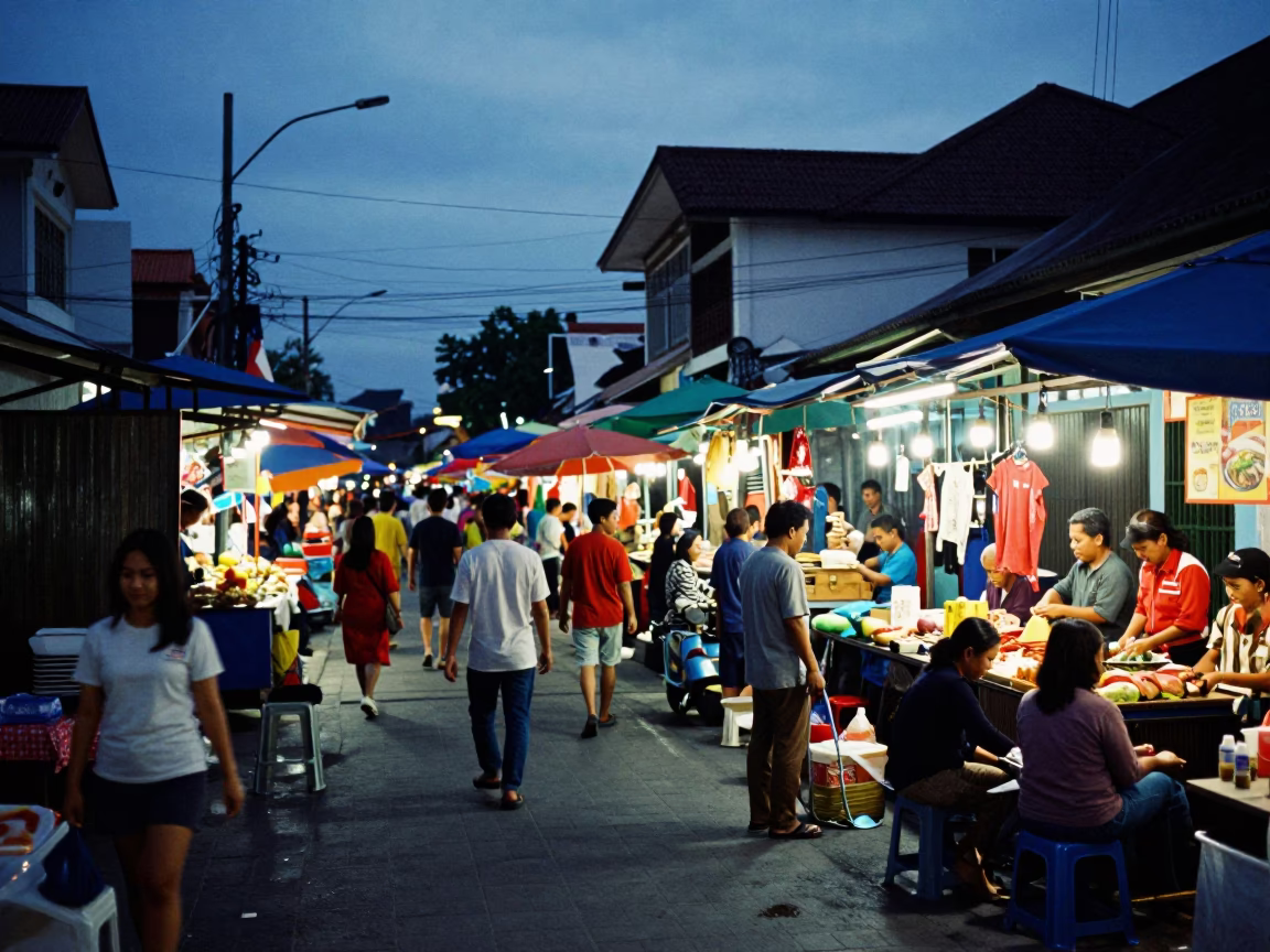 Busy Denpasar Street Scene at Blue Hour with Local Market Activity and Traditional Elements in in Denpasar, Indonesia