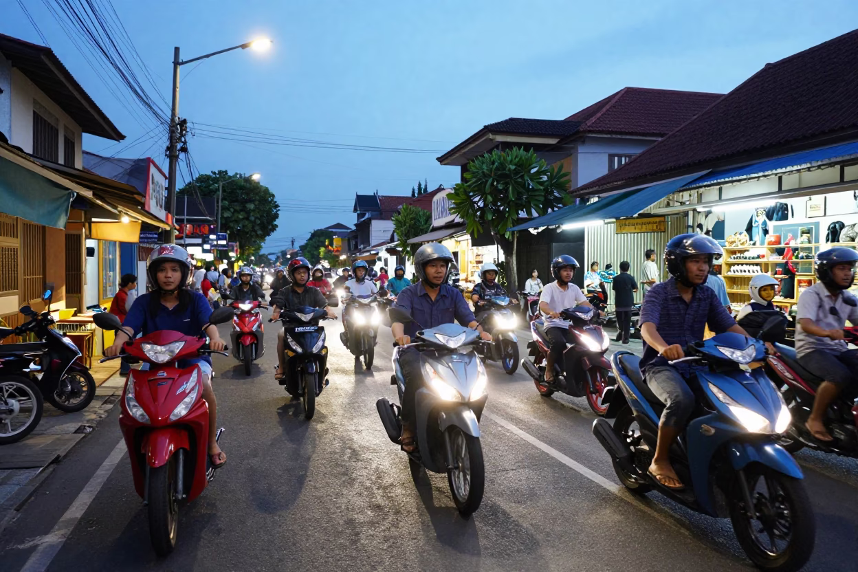 Busy Denpasar Street Scene at Blue Hour with Motorbikes and Local Shopfronts in in Denpasar, Indonesia