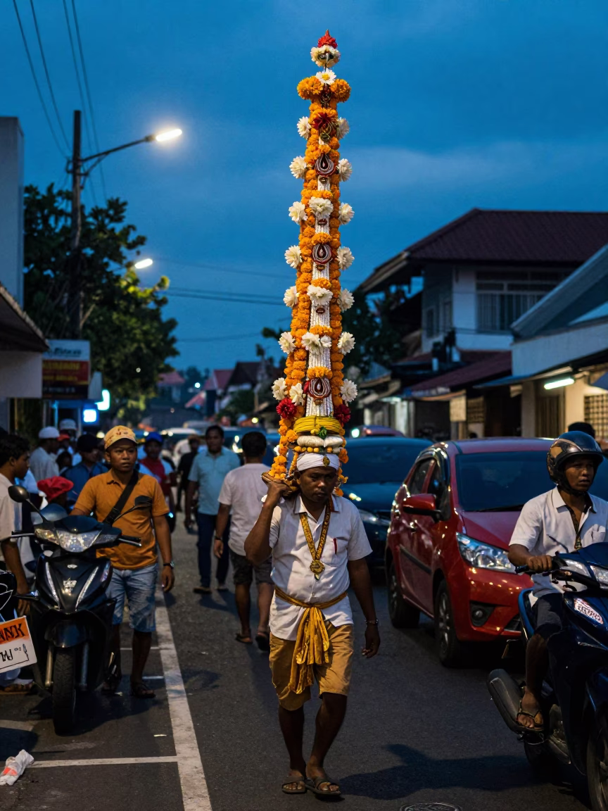 Busy Denpasar Street Scene at Blue Hour with Thaipusam Devotee Carrying Kavadi in in Denpasar, Indonesia