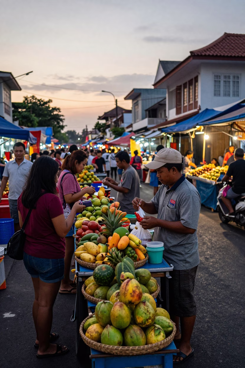 Busy Denpasar Street Scene at Dawn with Local Vendor and Bamboo Stool in in Denpasar, Indonesia