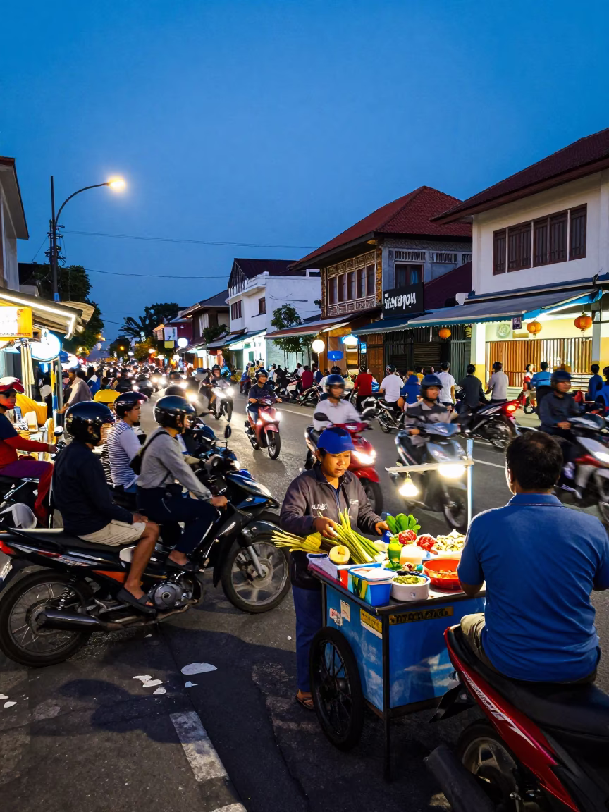 Busy Denpasar Street Scene at Dusk with Lemongrass Vendor and Leaf Shadows in in Denpasar, Indonesia