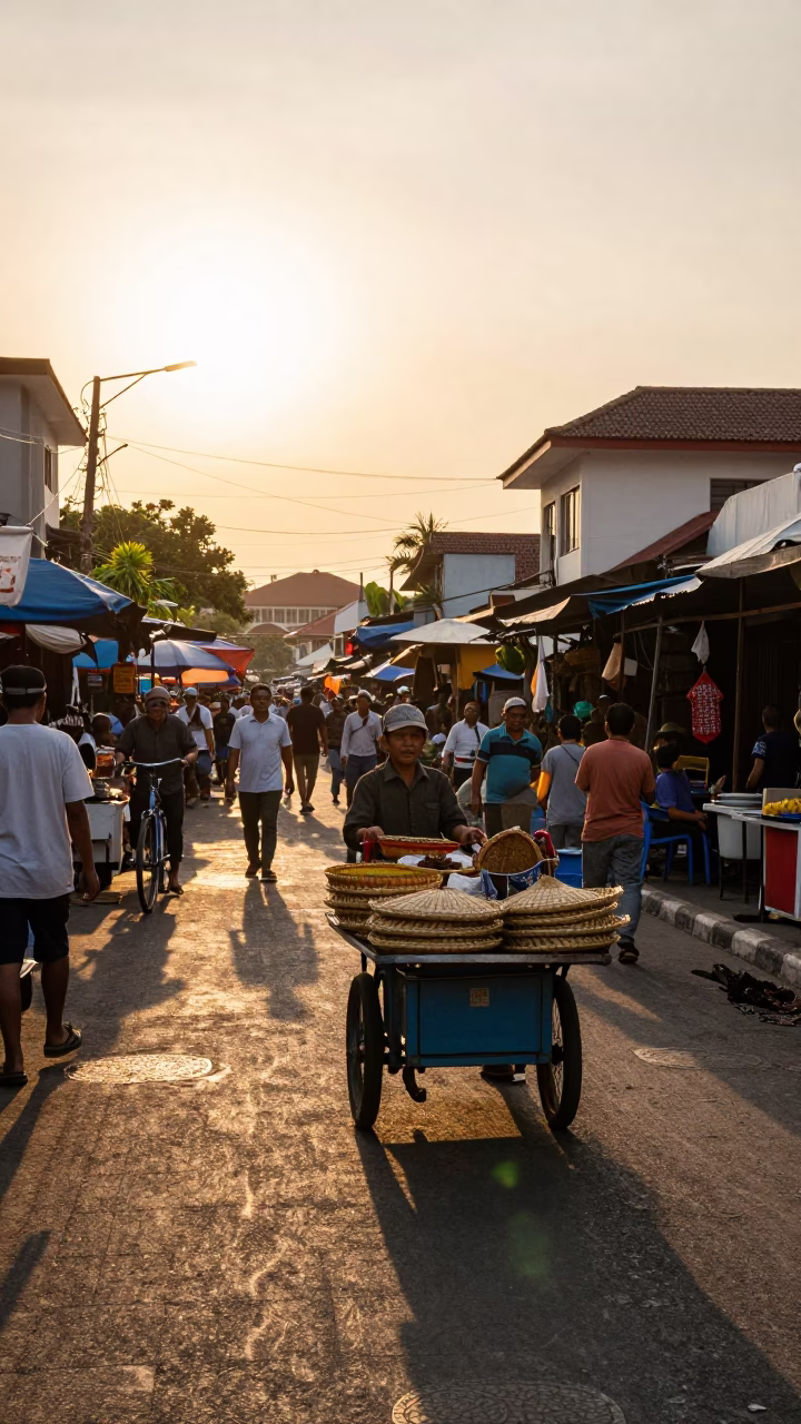 Busy Denpasar Street Scene at Golden Hour with Local Market Activity in in Denpasar, Indonesia