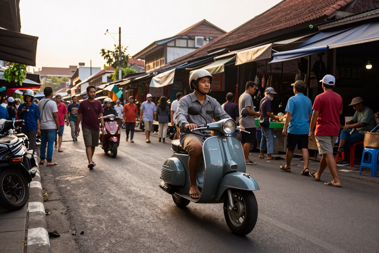 Busy Denpasar Street Scene at Golden Hour with Vintage Motorbike and Local Market Activity in in Denpasar, Indonesia