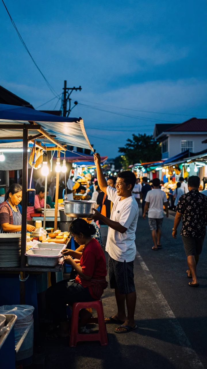 Busy Denpasar Street Scene at Indigo Twilight with Local Vendors and Traditional Cooking Pots in in Denpasar, Indonesia