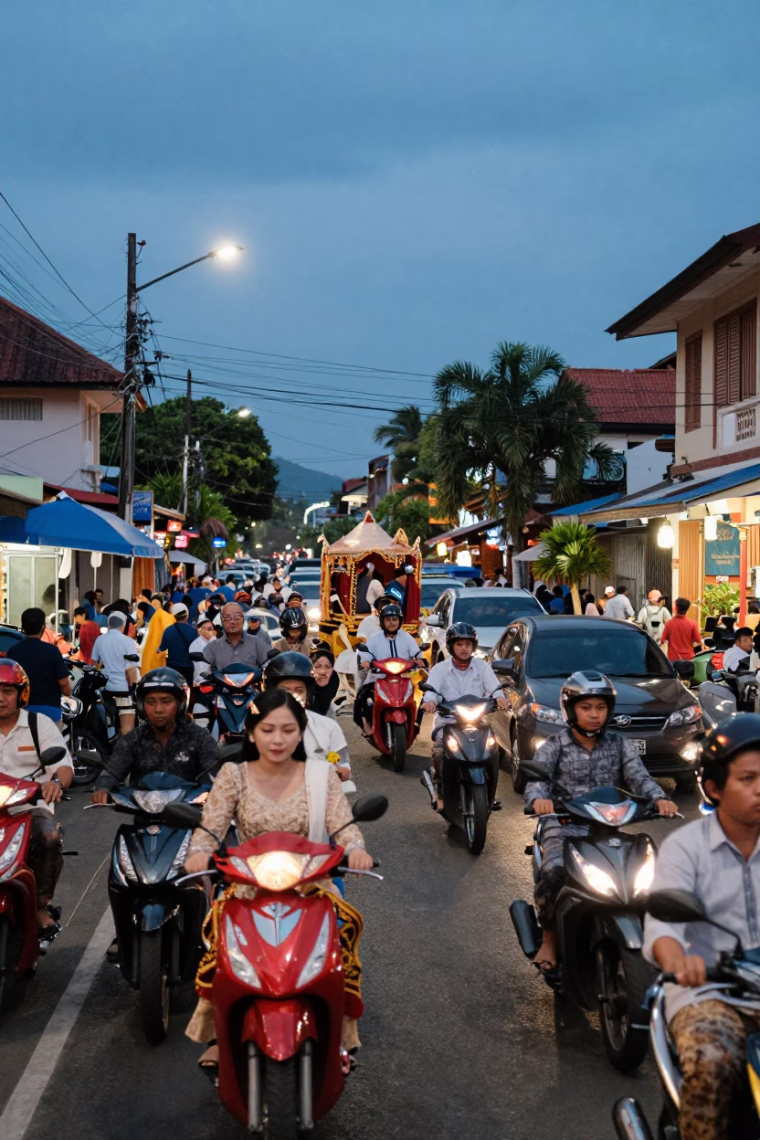 Busy Denpasar Street Scene at Indigo Twilight with Traditional Wedding Procession in in Denpasar, Indonesia