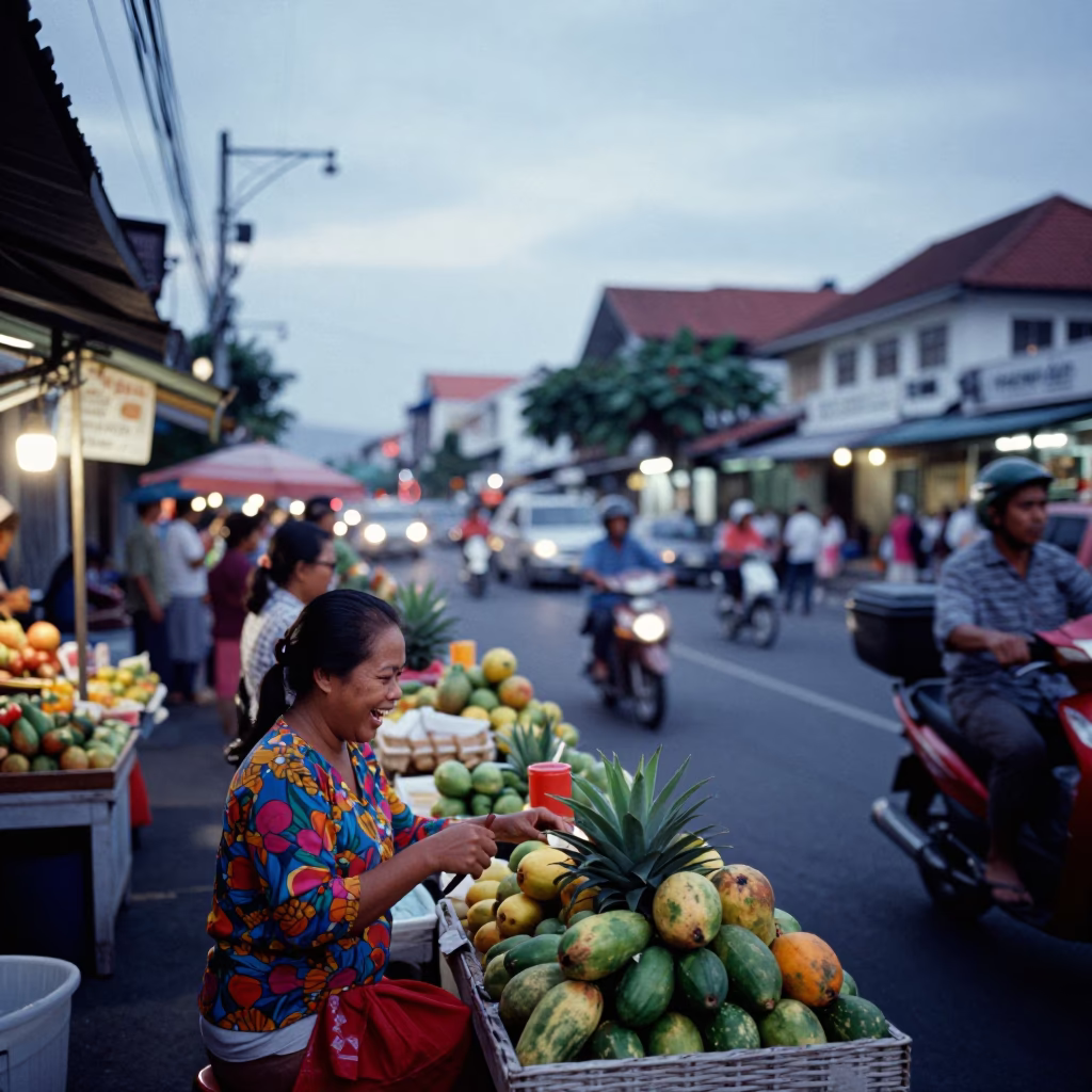 Busy Denpasar Street Scene at Nautical Dawn with Local Market Activity in in Denpasar, Indonesia