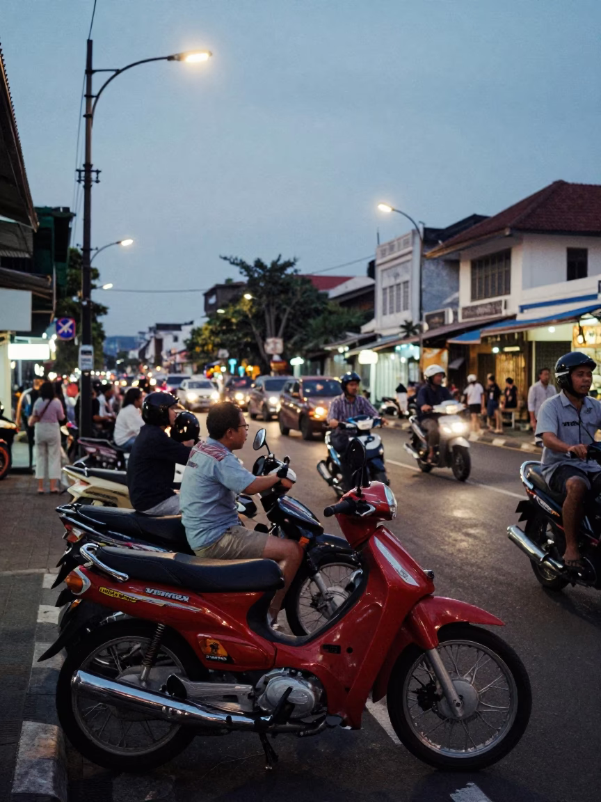 Busy Denpasar street scene at nautical dawn with motorbike and roadside vendor in in Denpasar, Indonesia