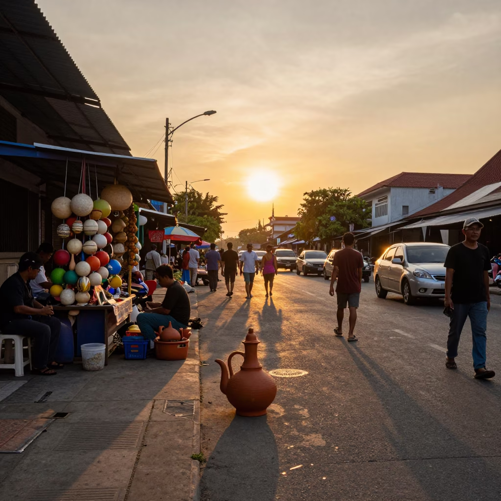 Busy Denpasar Street Scene at Sunset with Clay Teapot and Fishing Floats in in Denpasar, Indonesia