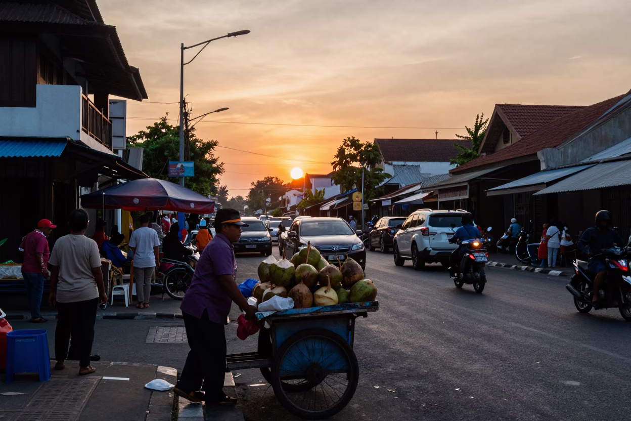Busy Denpasar Street Scene at Sunset with Local Vendors and Motorbikes in in Denpasar, Indonesia