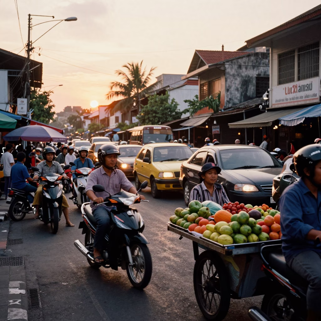 Busy Denpasar Street Scene at Sunset with Local Vendors and Traffic in in Denpasar, Indonesia