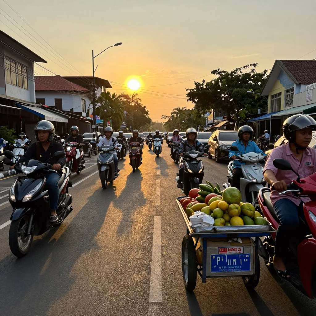 Busy Denpasar Street Scene at Sunset with Motorbikes and Local Market Activity in in Denpasar, Indonesia