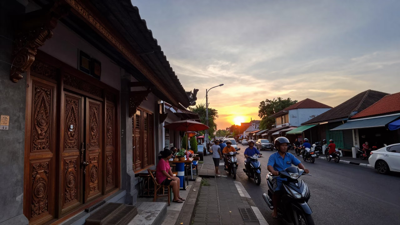 Busy Denpasar Street Scene at Sunset with Traditional Balinese Shop and Evening Pedestrians in in Denpasar, Indonesia