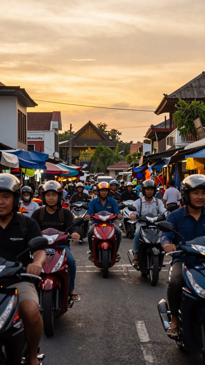 Busy Denpasar Street Scene at Sunset with Traditional Market Activity in in Denpasar, Indonesia