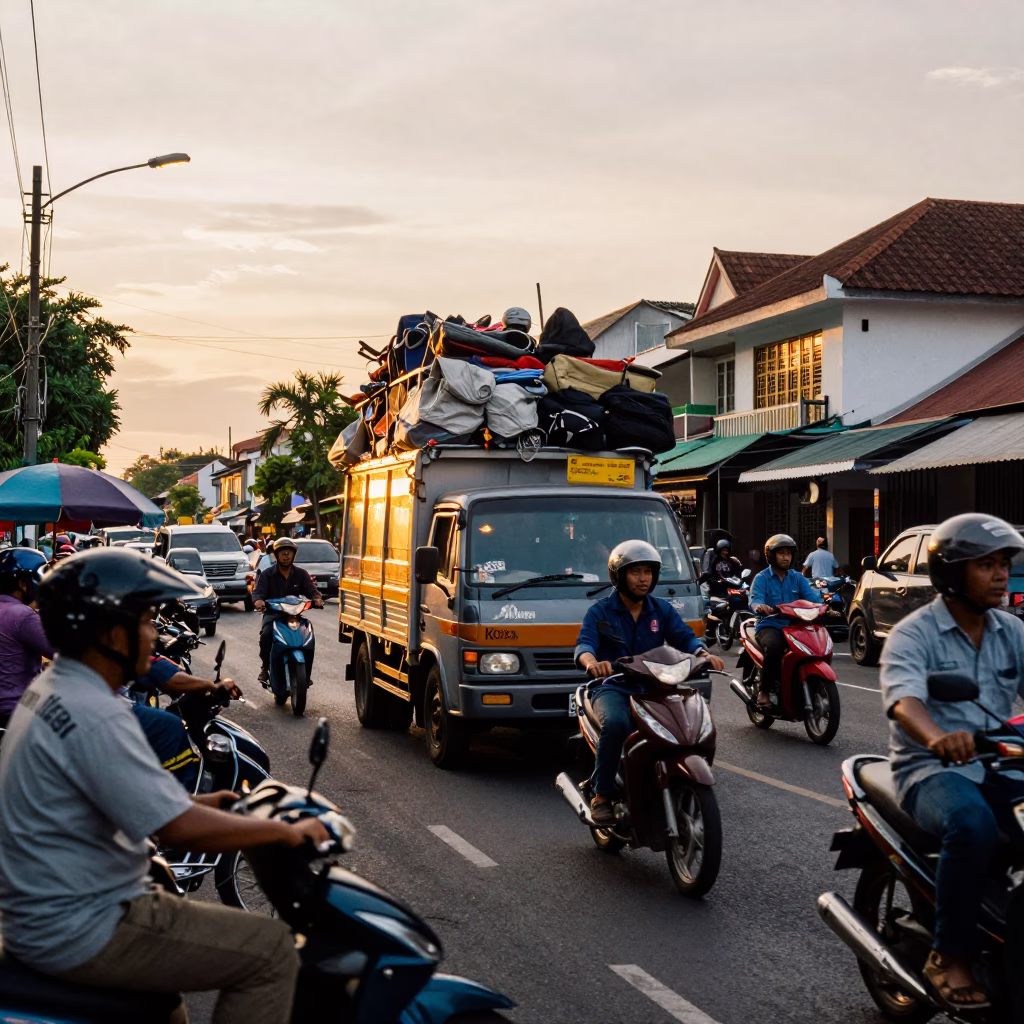 Busy Denpasar Street Scene at Sunset with Truck Laden with Watermelons in in Denpasar, Indonesia