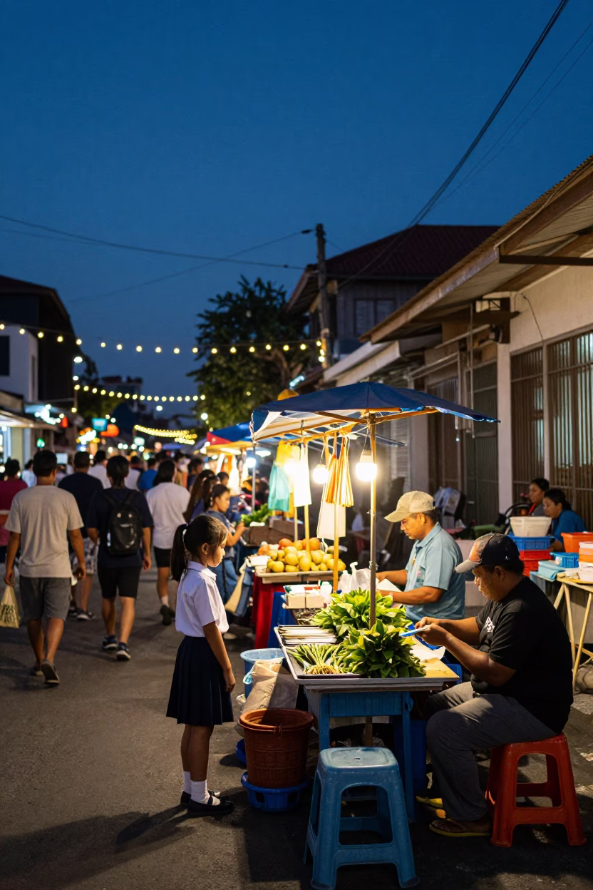 Busy Denpasar Street Scene at Twilight with String Lights and Local Market Activity in in Denpasar, Indonesia