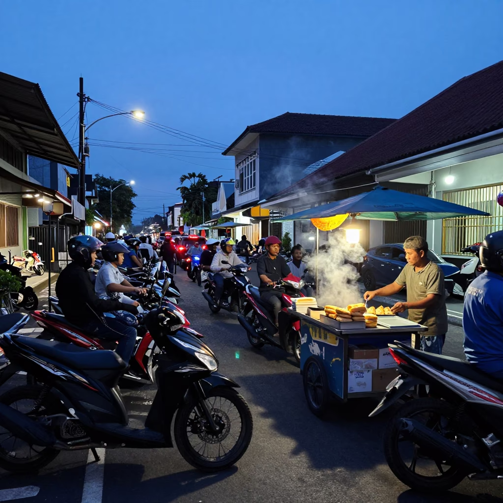 Busy Denpasar Street Scene Before Dawn with Motorcycles and Local Food Stalls in in Denpasar, Indonesia