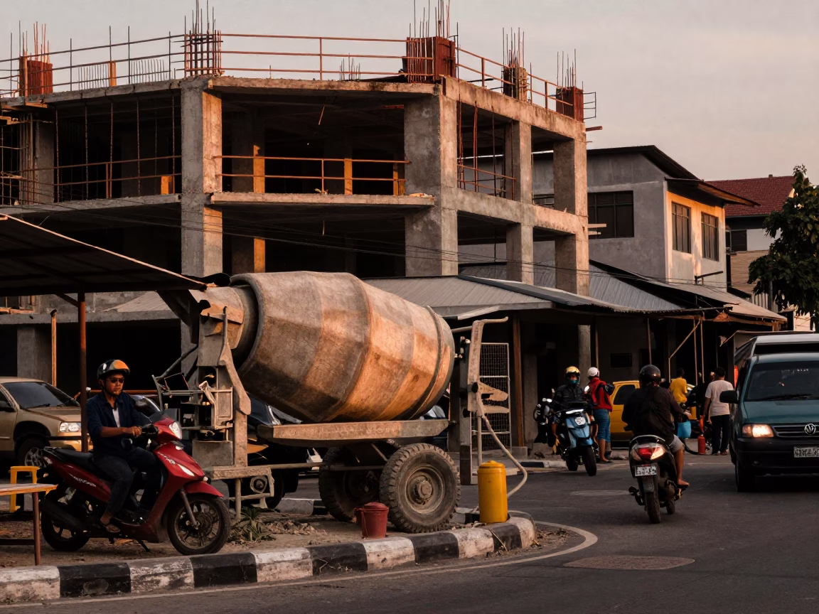 Busy Denpasar Street Scene Before Dusk with Construction and Local Market Activity in in Denpasar, Indonesia