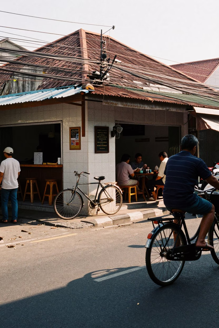 Busy Denpasar Street Scene Early Afternoon with Bicycle and Local Life in in Denpasar, Indonesia