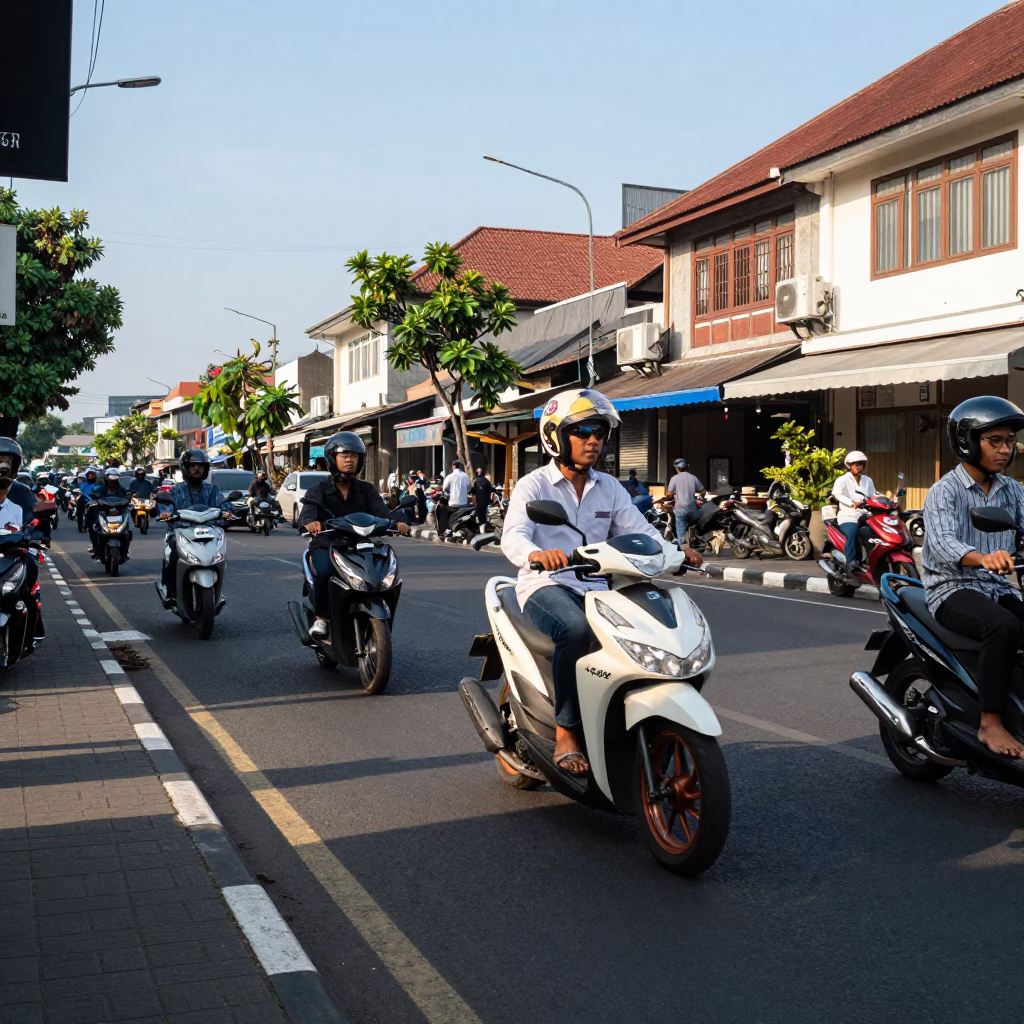 Busy Denpasar Street Scene Early Afternoon with Scooter and Local Market Activity in in Denpasar, Indonesia