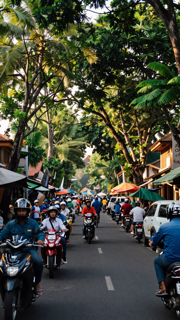 Busy Denpasar Street Scene Early Afternoon with Traditional Balinese Architecture and Local Market Activity in in Denpasar, Indonesia