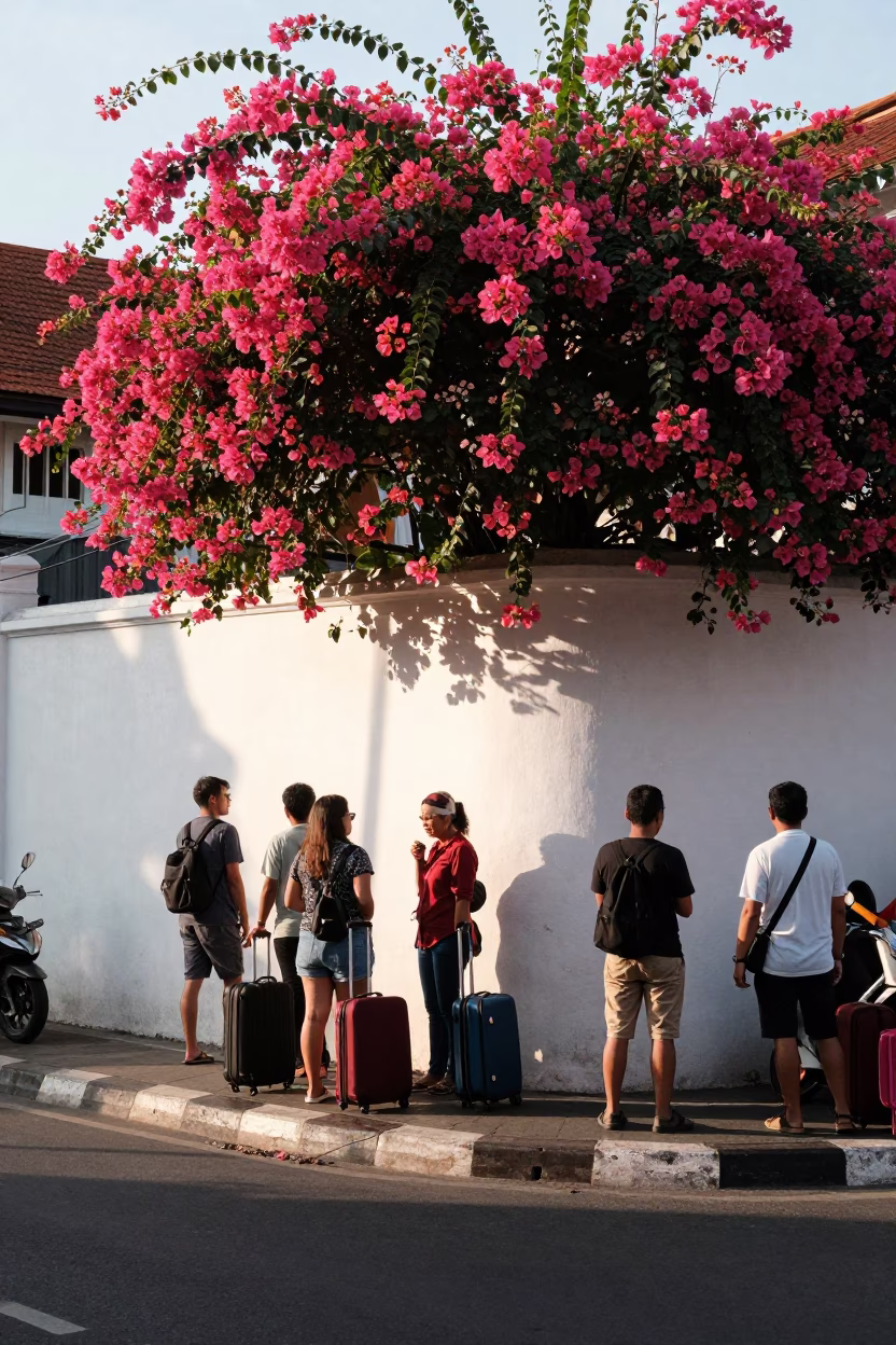 Busy Denpasar Street Scene Early Afternoon with White Wall Bougainvillea and Travelers in in Denpasar, Indonesia