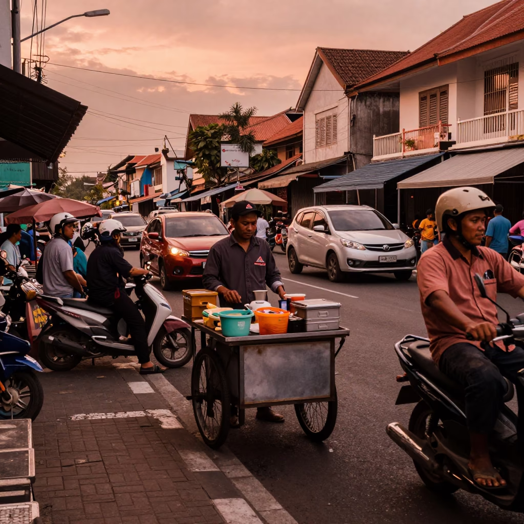 Busy Denpasar Street Scene in Copper Toned Light Before Dusk with Local Life in in Denpasar, Indonesia