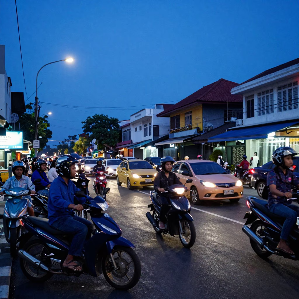 Busy Denpasar Street Scene in Indigo Twilight with Motorbikes and Market Stalls in in Denpasar, Indonesia