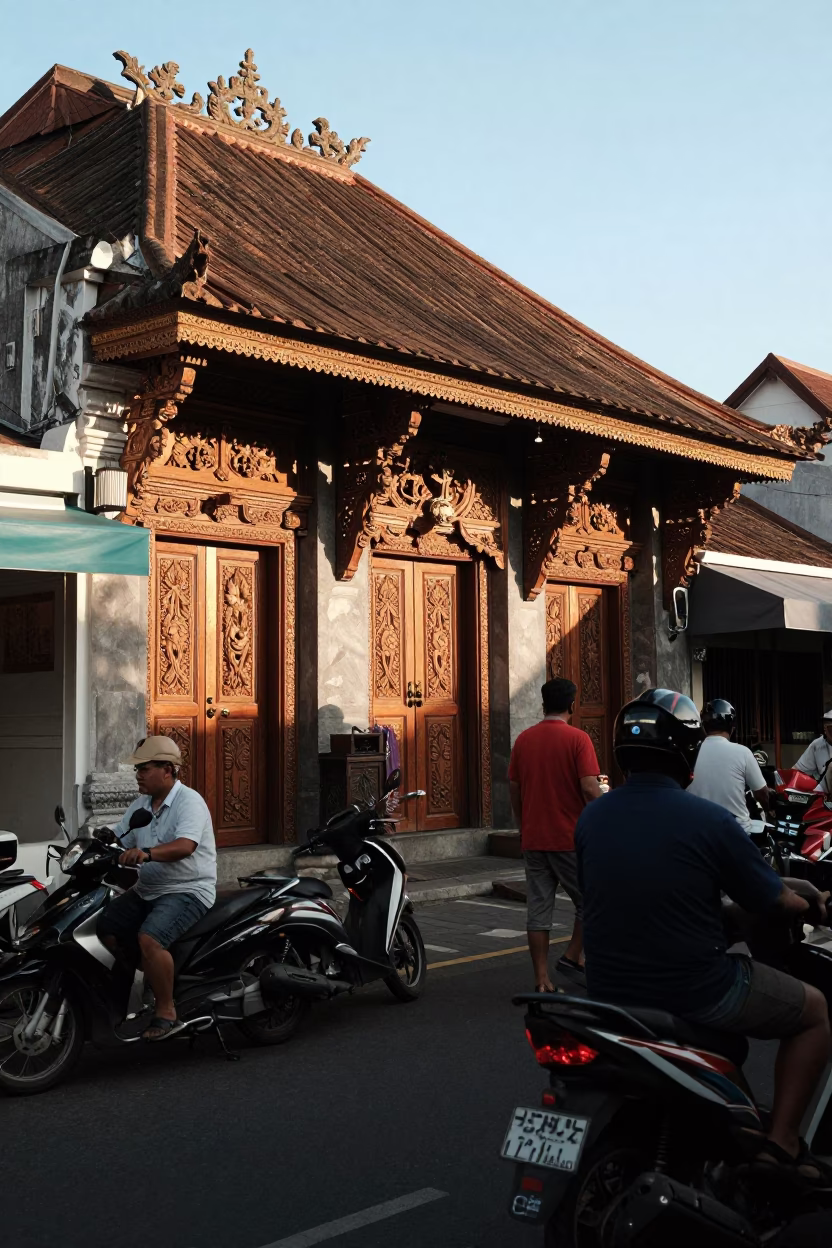 Busy Denpasar Street Scene Late Afternoon Light with Traditional Balinese Shopfront and Local Activity in in Denpasar, Indonesia